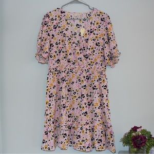 JODIFL Pink Yellow Black White Leopard Flower Print V Neck Dress Sz M